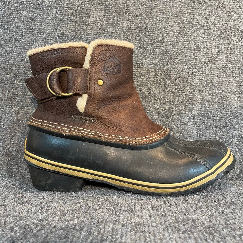 Sorel Womens 9.5 Winter Fancy Waterproof Brown Leather Shearling Snow Duck Boots